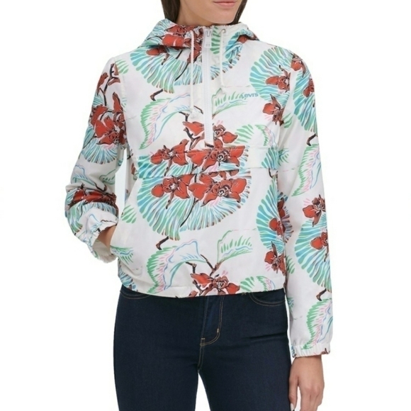 LEVI'S Tropical Hawaiian Floral Flower  White Windbreaker Hooded Jacket Size L - Picture 3 of 12